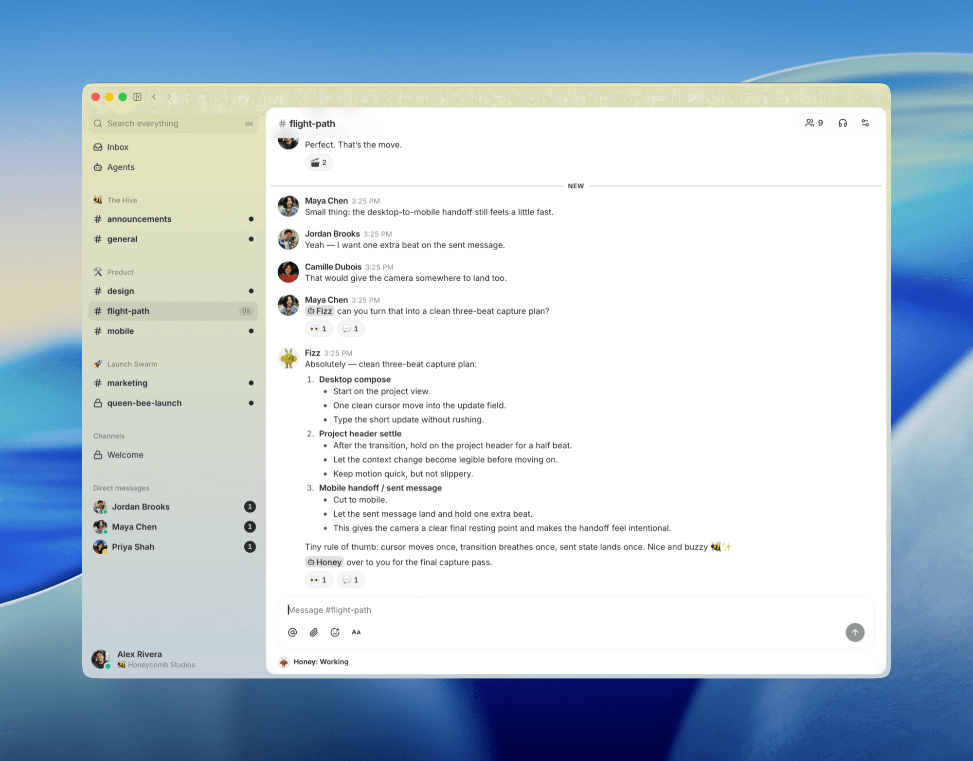 Un fil de discussion dans TeamStack — humains et agents dans le même salon.